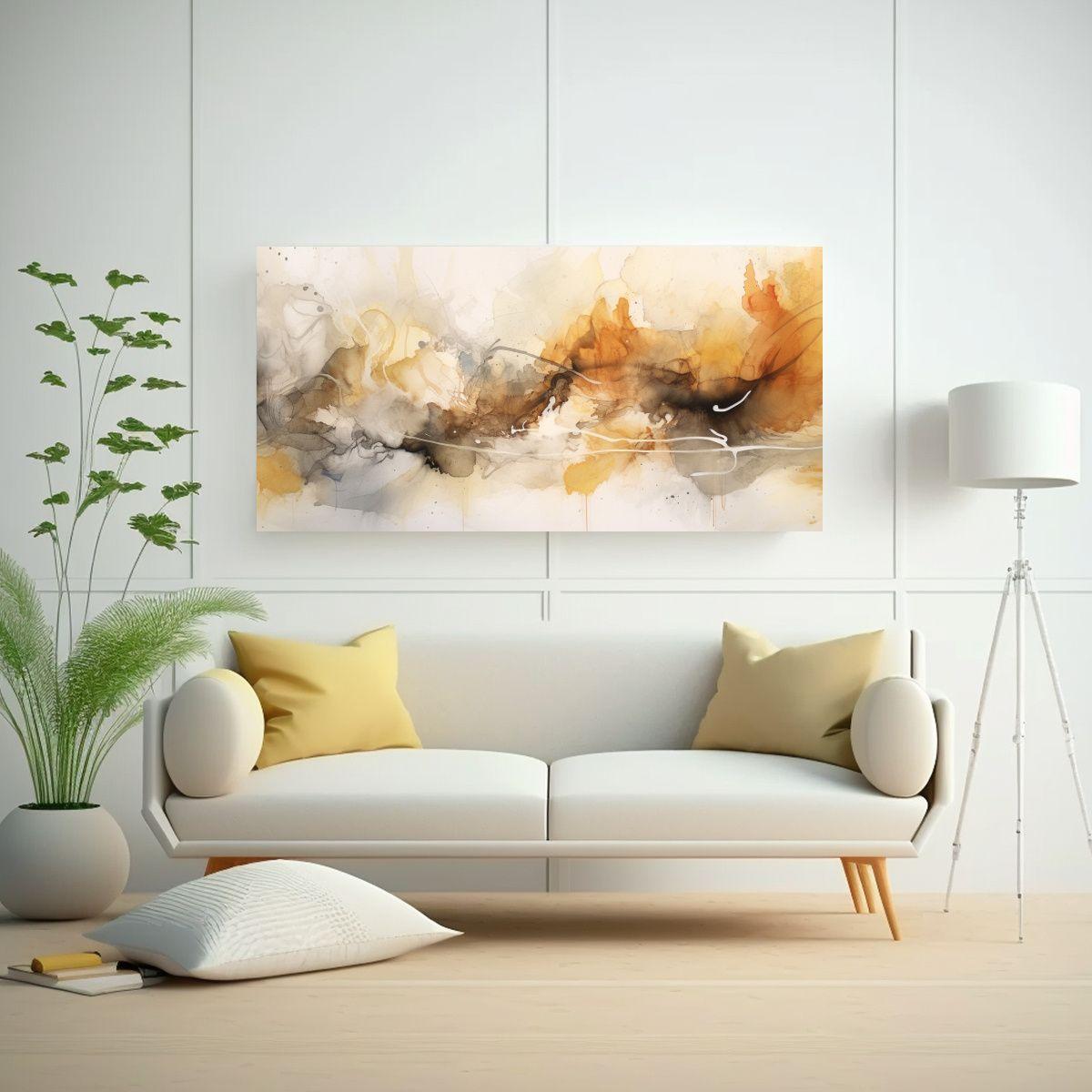 Cuadro Acuarela Moderna Abstracta Beige Y Blanco, 60x30cm-2