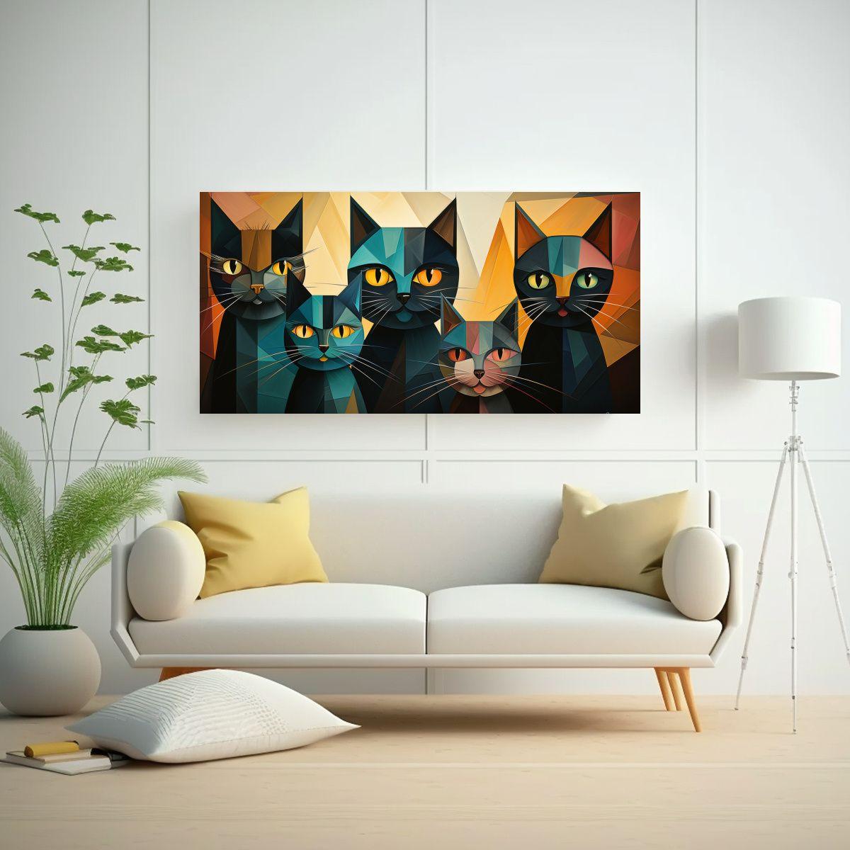Retrato De Grupo De Gatos De Colores Con Pinturas 120x60cm-2