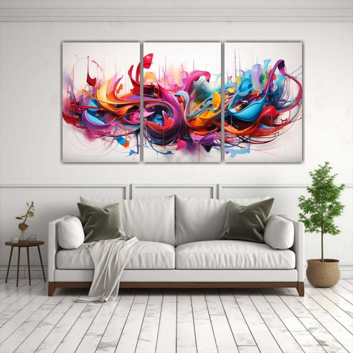 Tres Lienzos De Tela Hermoso Cuadros Abstractos 180x90 Cm-2
