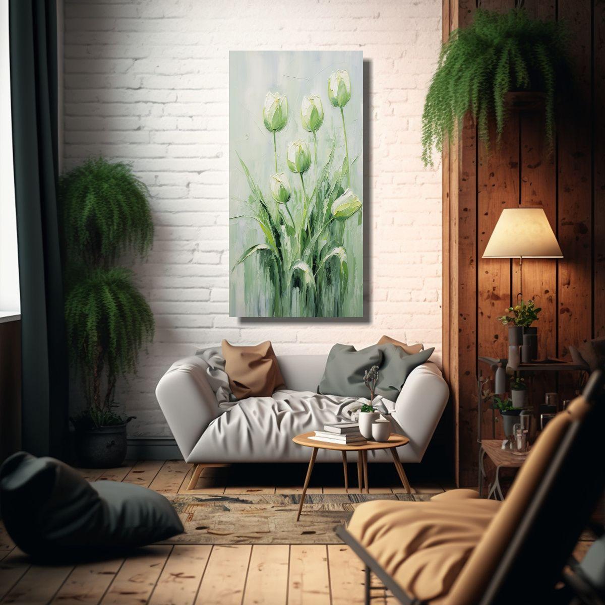 Cuadro Moderno Creatividad Con Tulipanes Verdes 20x40cm-2