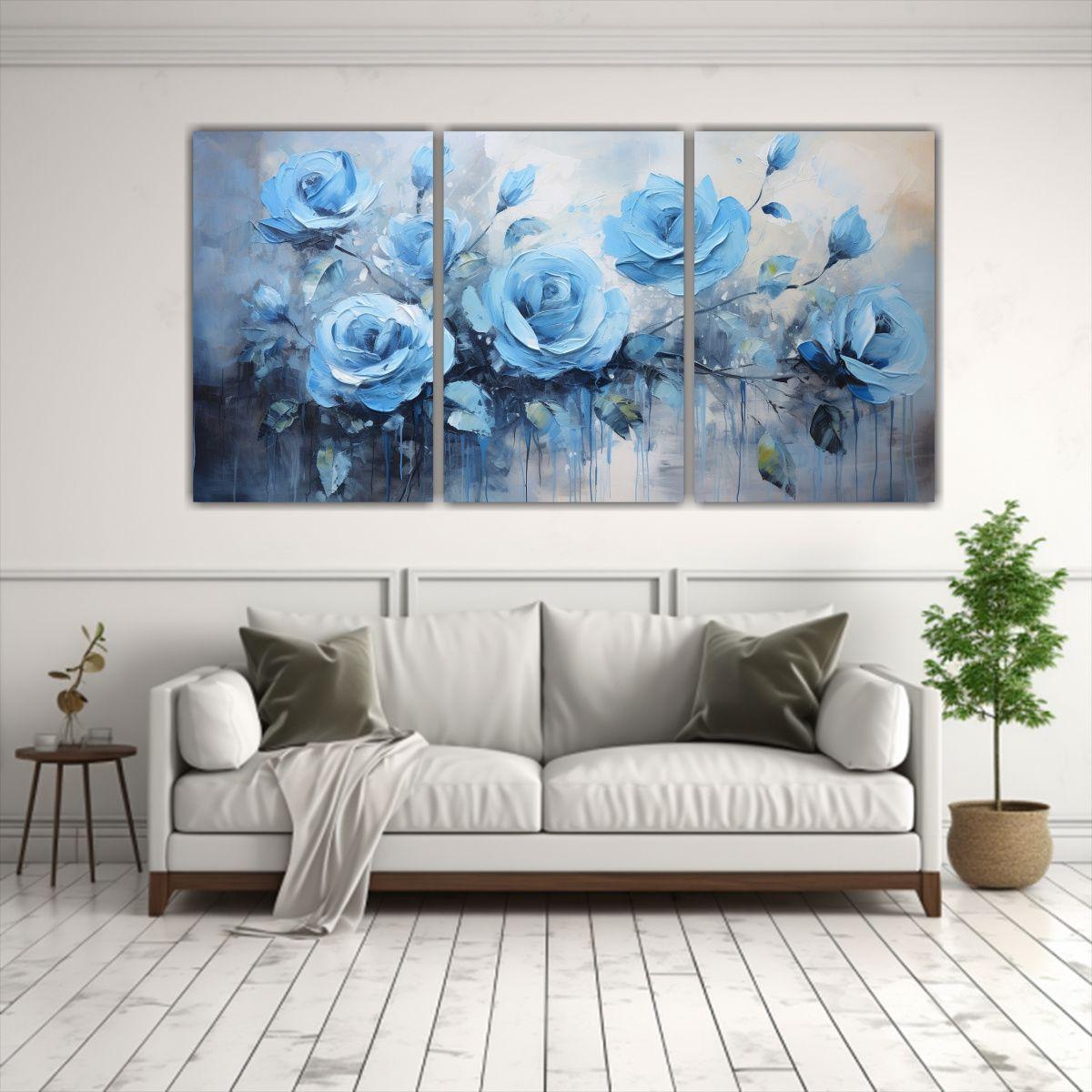 Cuadros Vintage De Rosas Azules En Lienzo Estilo 90x45 Cm-2