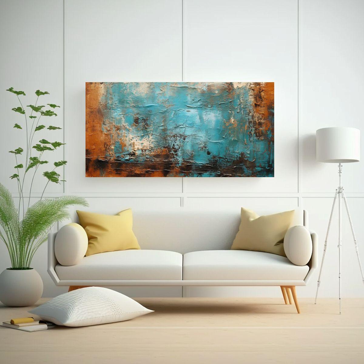 Cuadro Abstracto En Tonos Turquesa Y óxido, 40x20cm-2
