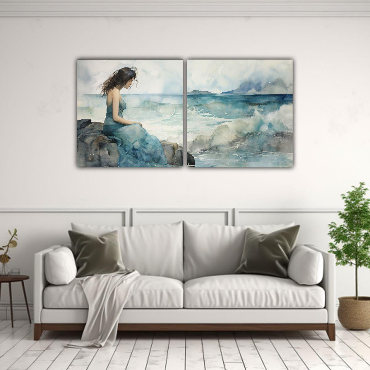 Pintura De Pared Moderna En Acuarela Azul, 80x40 Cm-2