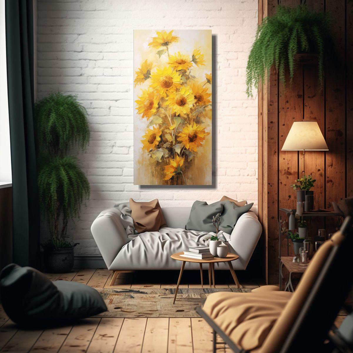 Pintura En Lienzo De Girasoles Amarillos En Estilo 30x60cm-2