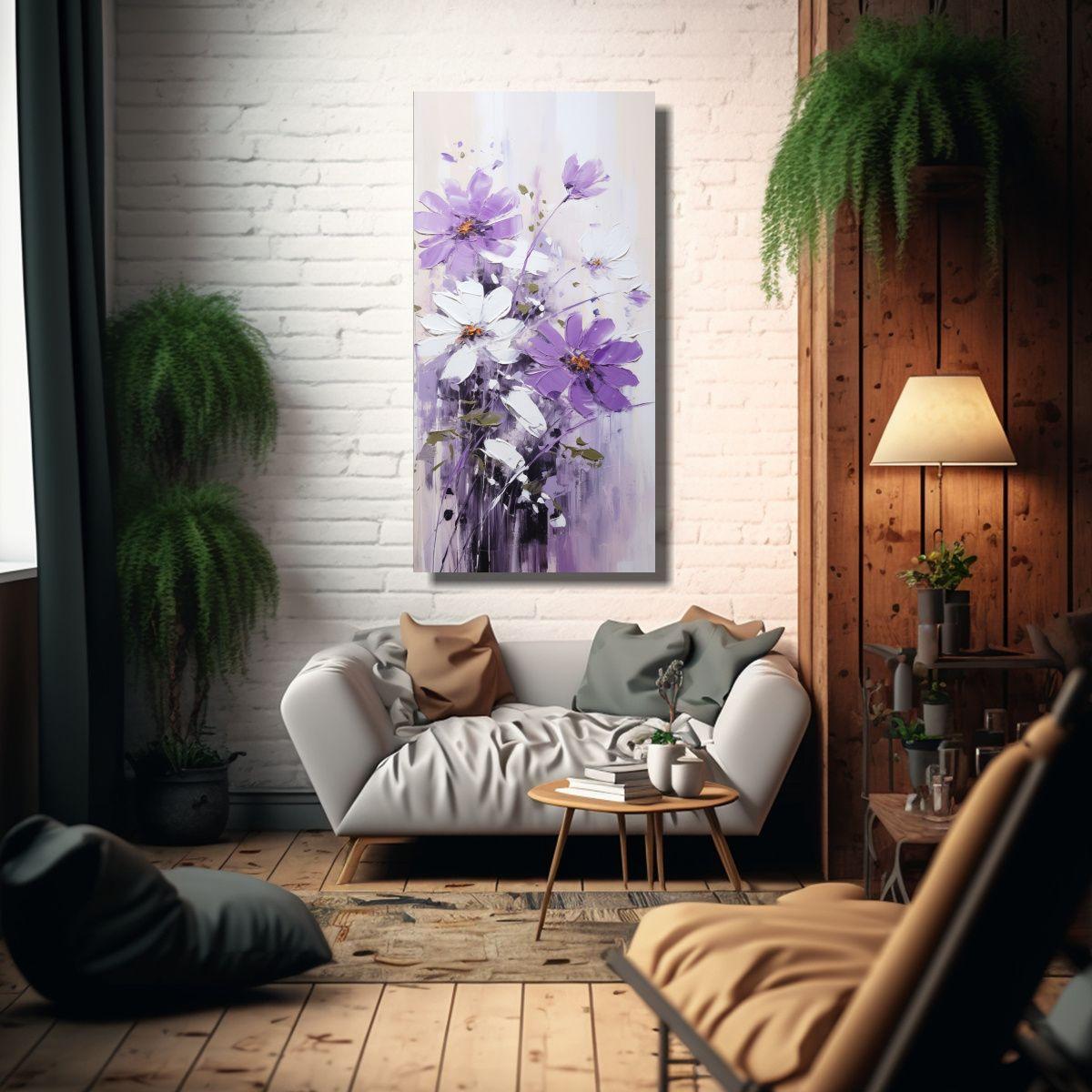 Pintura Abstracta De Flores En Lienzo En Tonos 40x80cm-2