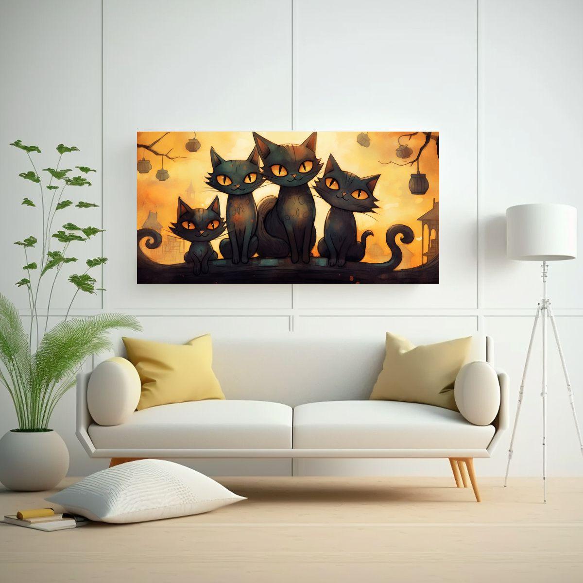 Cuadro Abstracto De Gatos Negros Sobre Una Pila, 160x80cm-2