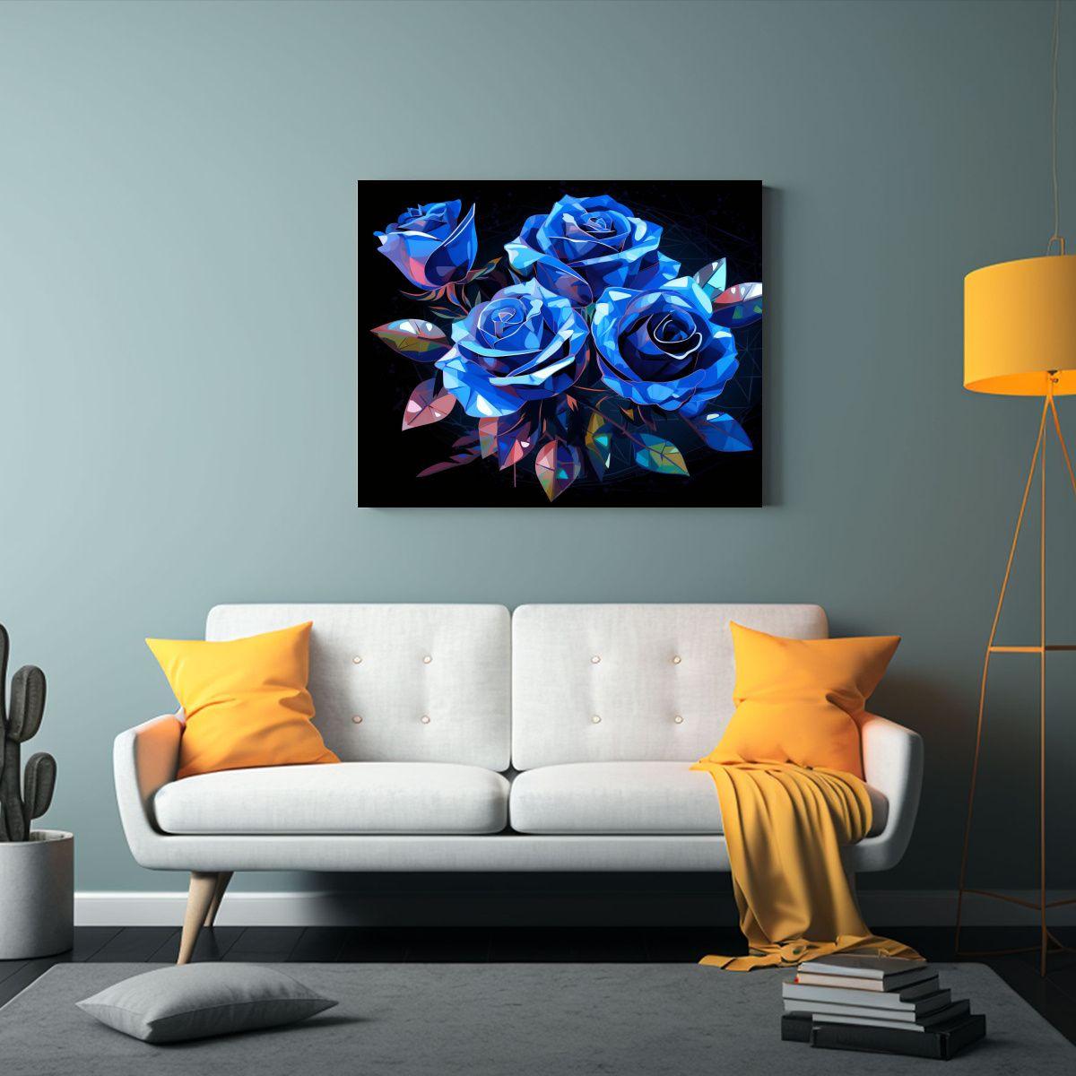 Acuarela De Rosas Azules Bouquet Diseño Gráfico Abstracto  45x30cm-2