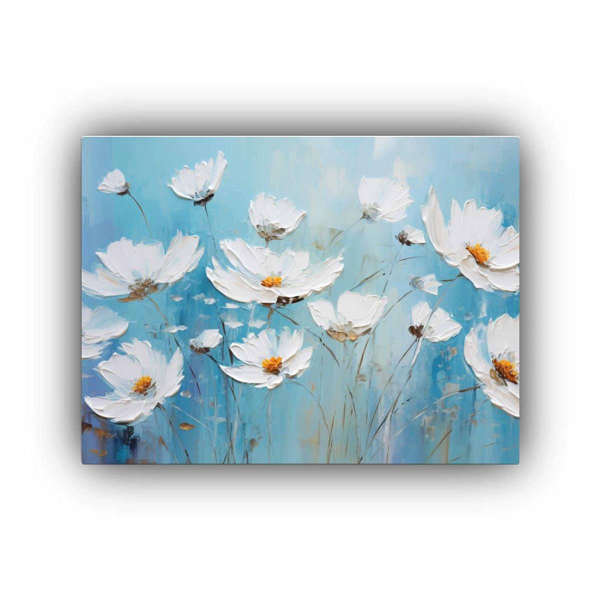 Pintura De Flores En Lienzo Blanco Y Azul: 120x80cm-0
