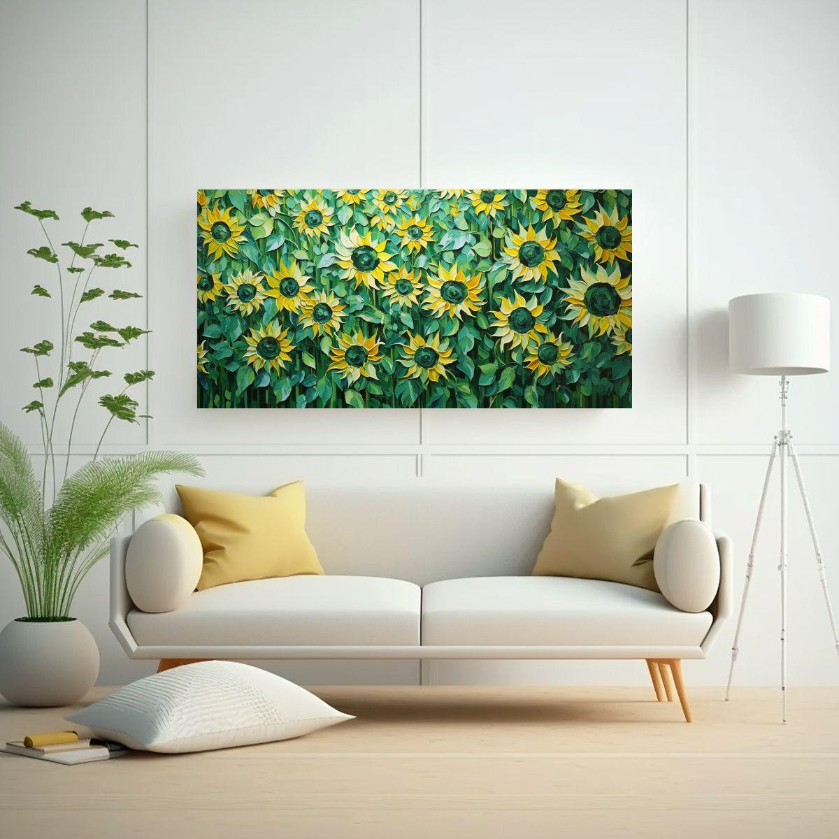 Cuadro Lienzo Pintura Girasoles Verdes Estilo 80x40cm-2
