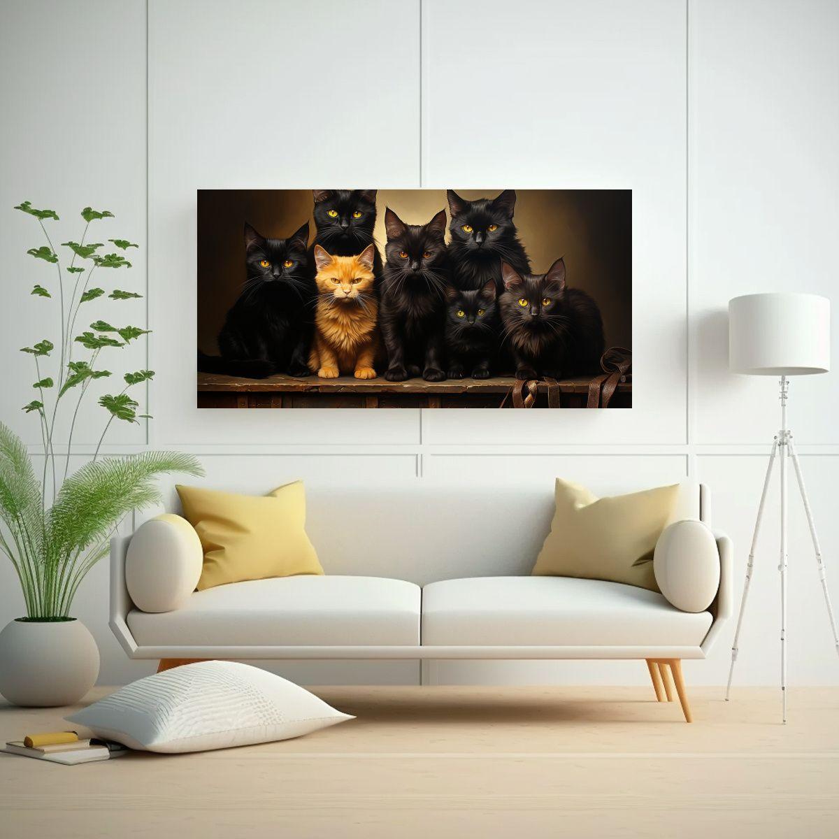 Cuadro Con Gatos Negros En Un Montón, Mirando 60x30cm-2