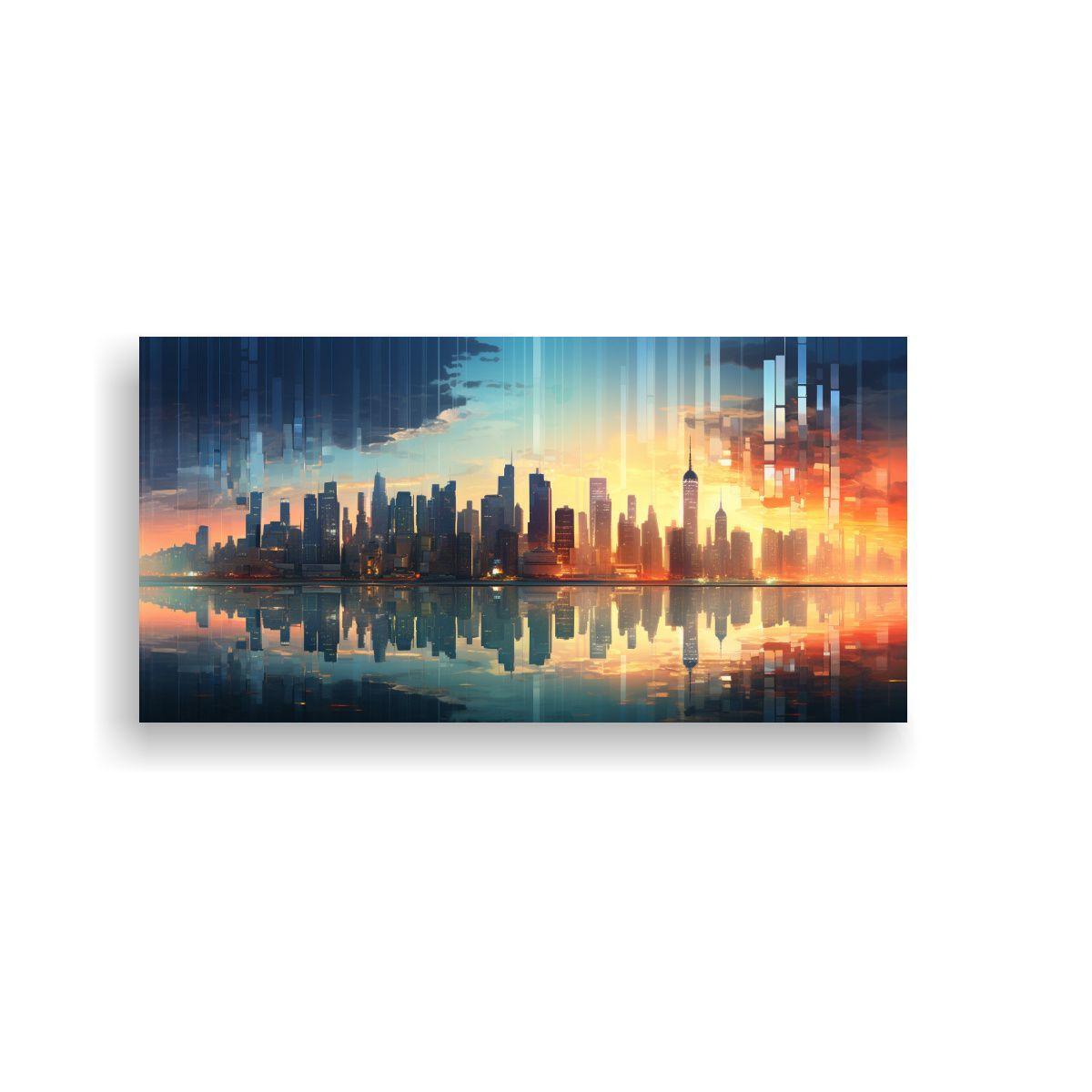 Pintura En Bastidor De Ciudad Al Amanecer Con Luz 40x20 Cm-0