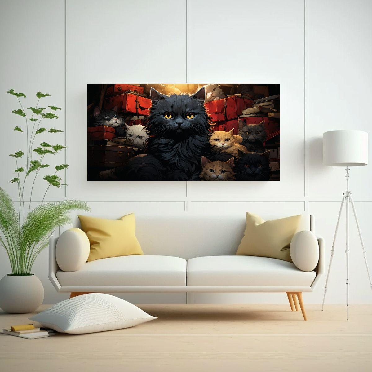 Pila De Gatos Sobre Amapolas En Estilo Tinta 80x40cm-2