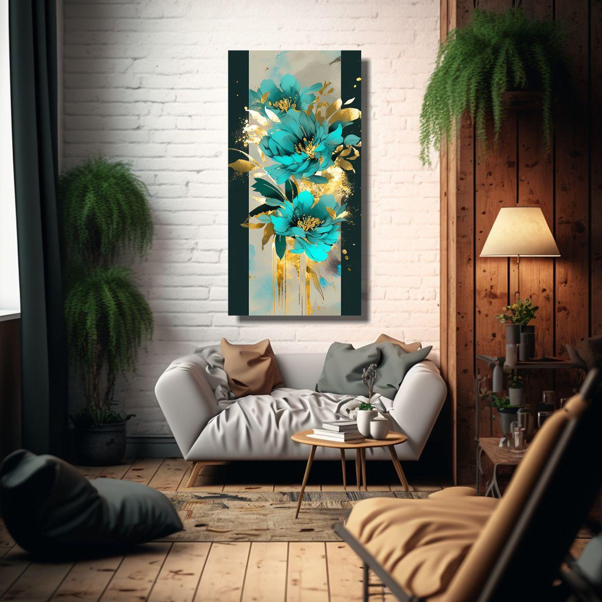 Arte De Pared Salón Turquesa Y Oro, Ambiente 20x40cm-2