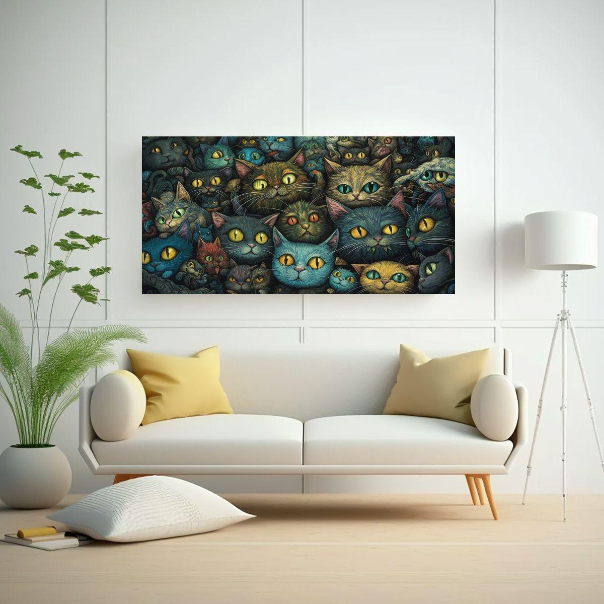 Cuadro Impreso: Pintura De Muchos Gatos Con Ojos 100x50cm-2