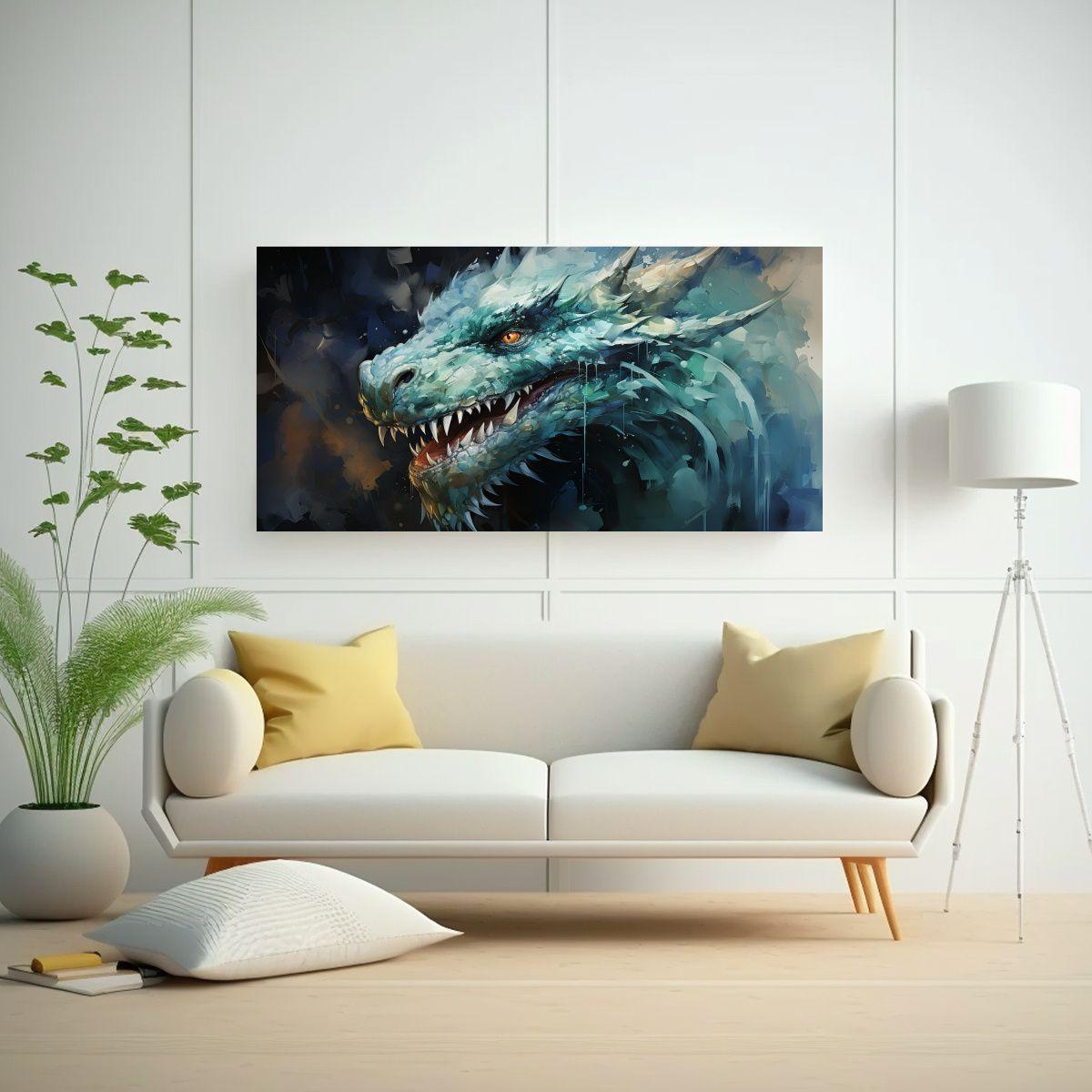 Cuadro De Dragón En Verde Y Azul Atmosfera 80x40cm-2