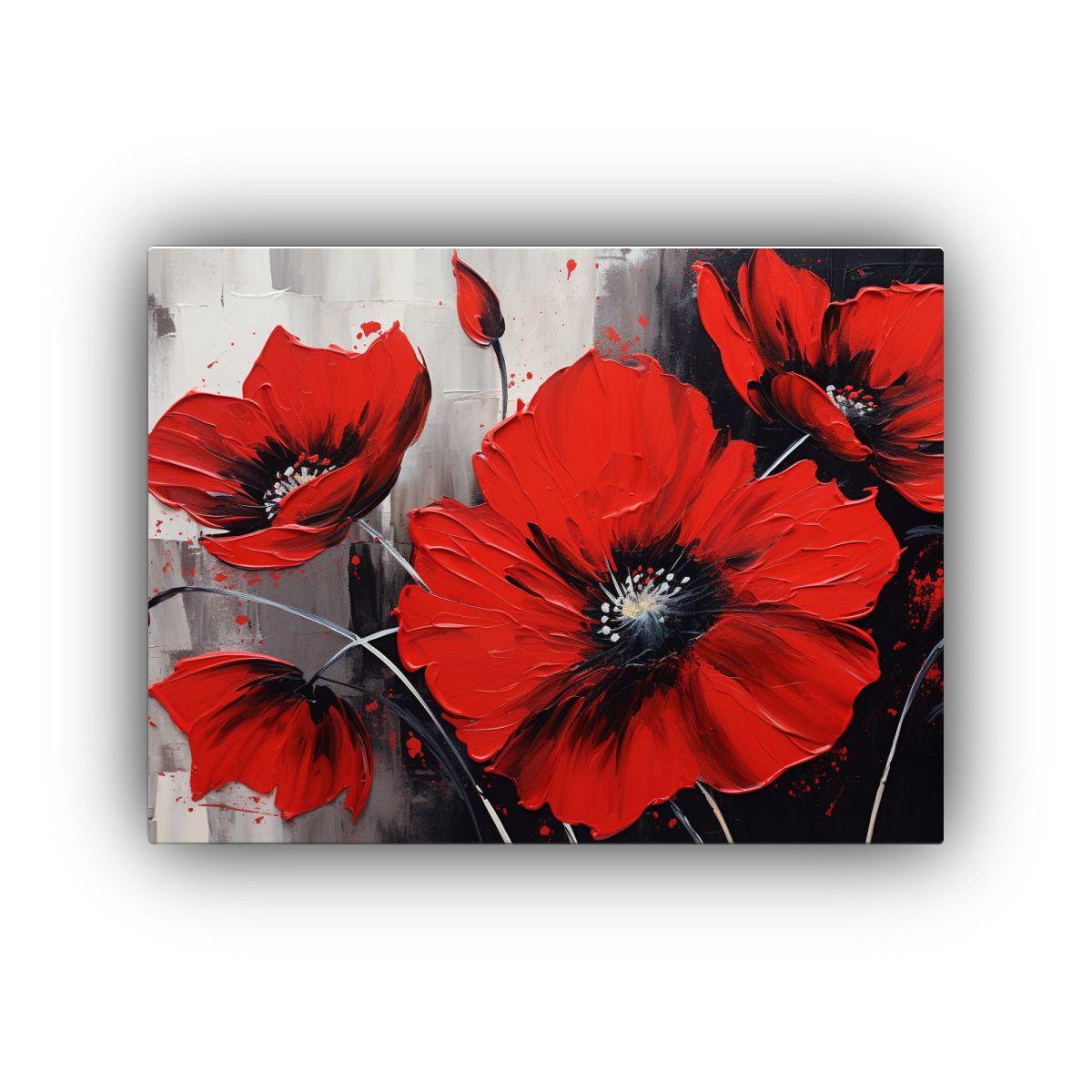 Cuadro Floral En Lienzo: Pintura De Flores Rojas Y Negras En 40x30cm-0