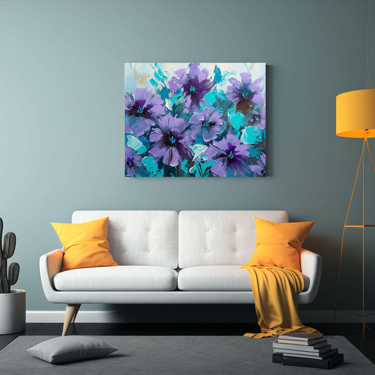 Pintura En Lienzo De Flores Moradas Y Turquesas 40x30cm-2