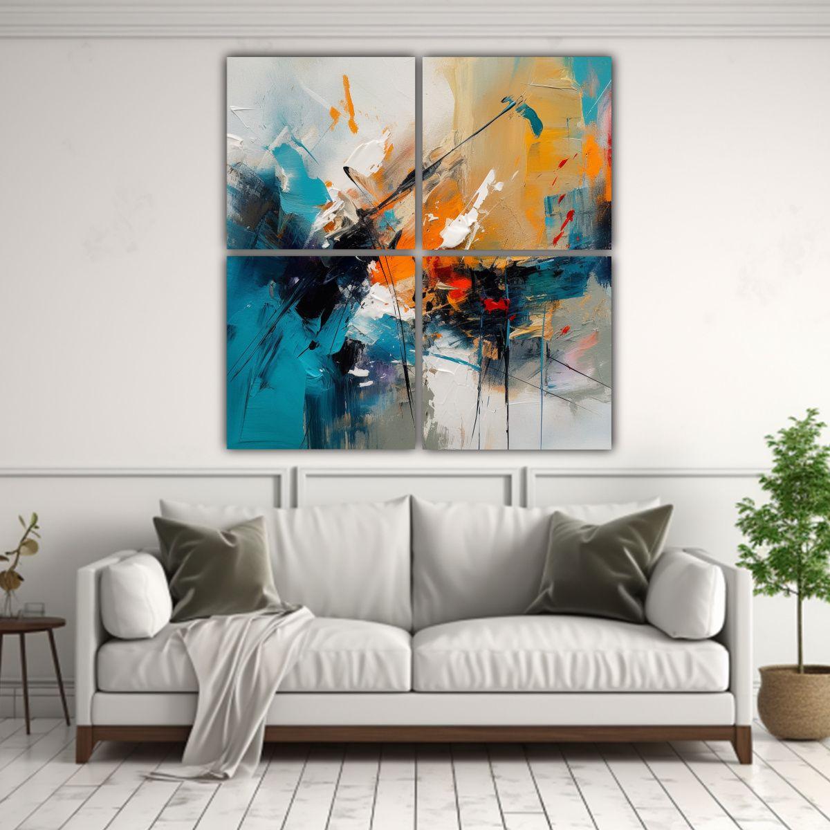 Cuadriptico Abstracto Con Pinceladas Gestuales Y 140x140 Cm-2