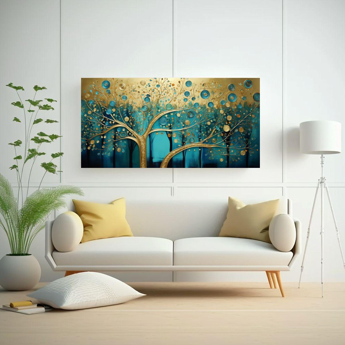 Cuadro De árbol En Turquesa Y Dorado Estilo Pop 140x70cm-2