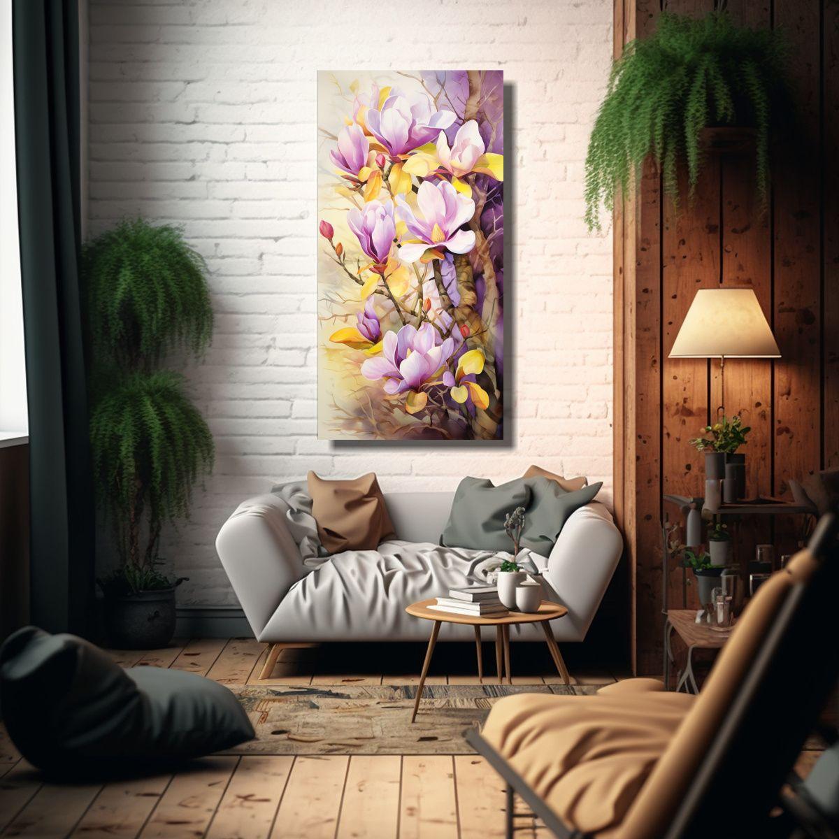 Cuadro Abstracto De Magnolias Amarillas Y Moradas 70x140cm-2
