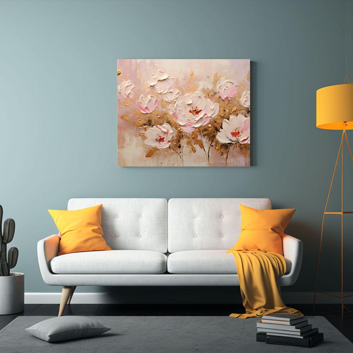 Pintura Mural De Flores En Tonos Dorados Y Rosados Sobre Lie 45x30cm-2