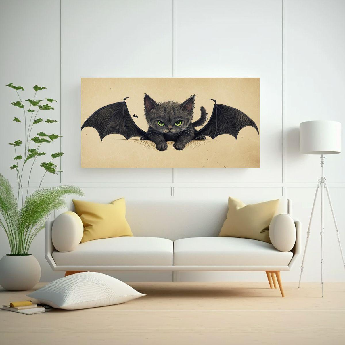 Cuadro Acuarela Gatito Vampiro Gris Oscuro Lindo 80x40cm-2