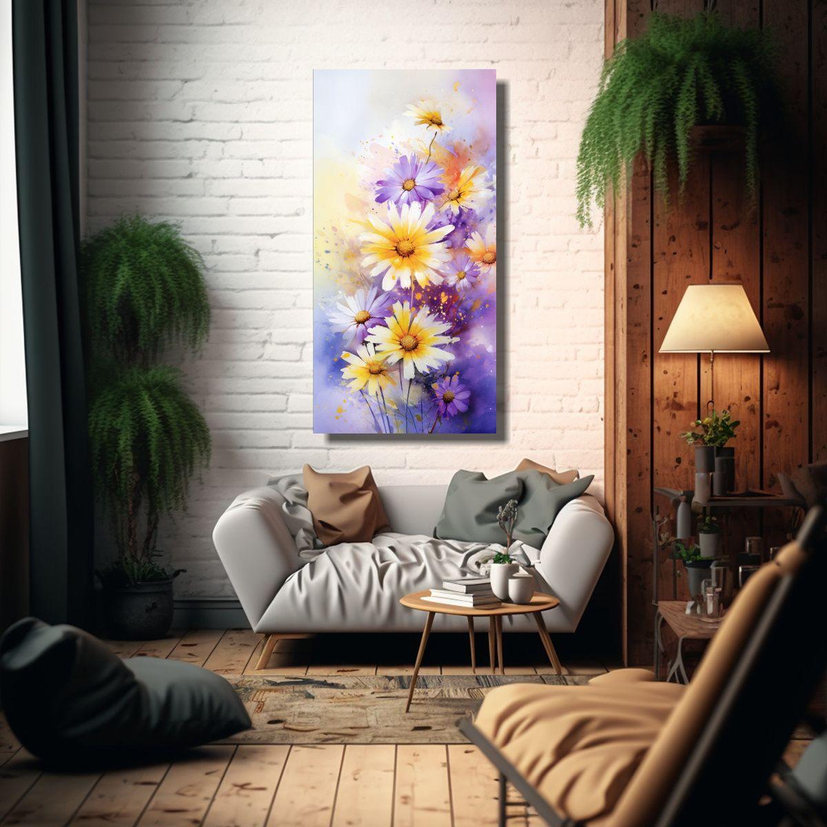 Cuadro Abstracto Diseño Flores Amarillo Y Morado  70x140cm-2