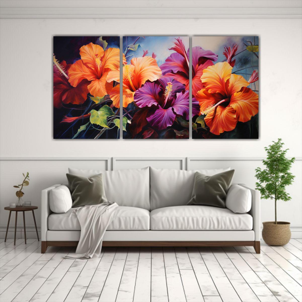 Tríptico Abstracto De Flores De Hibisco En óleo 90x45 Cm-2