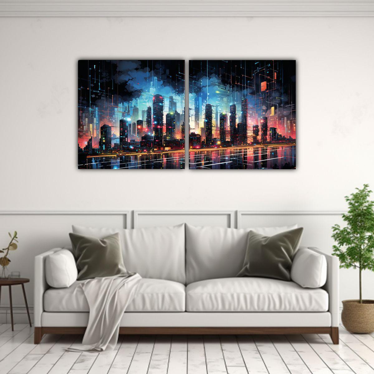 Pintura Abstracta única De Ciudad Cibernética 160x80 Cm-2