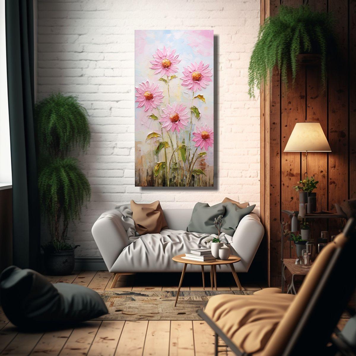 Cuadro Conceptual De Girasoles Rosados En Lienzo 20x40cm-2