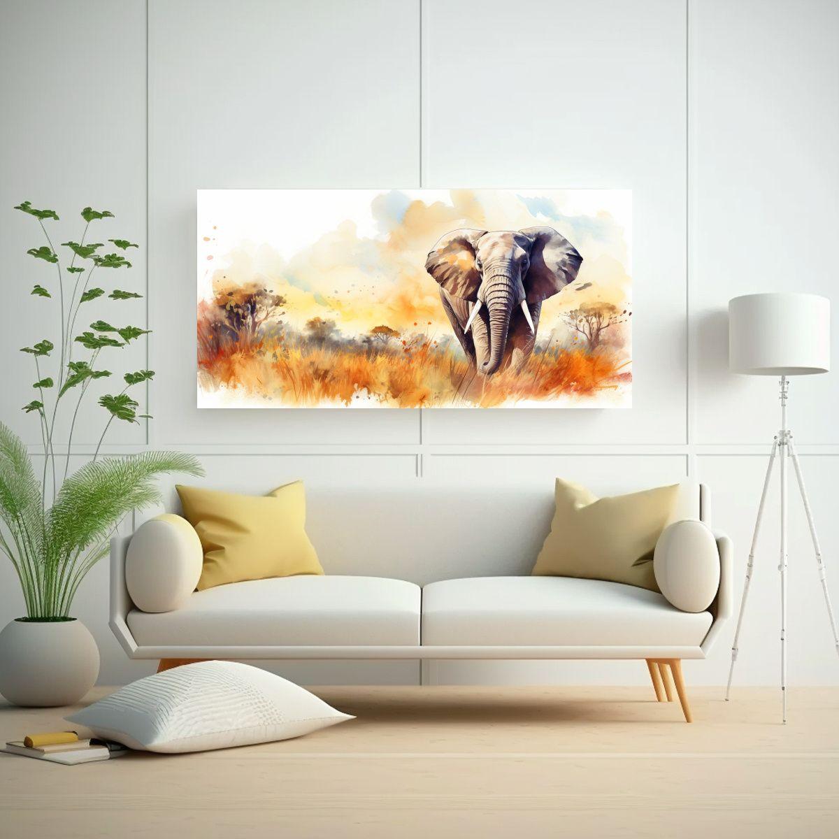 Cuadro Elefante Sabana Acuarela Colorida Estilo 80x40cm-2