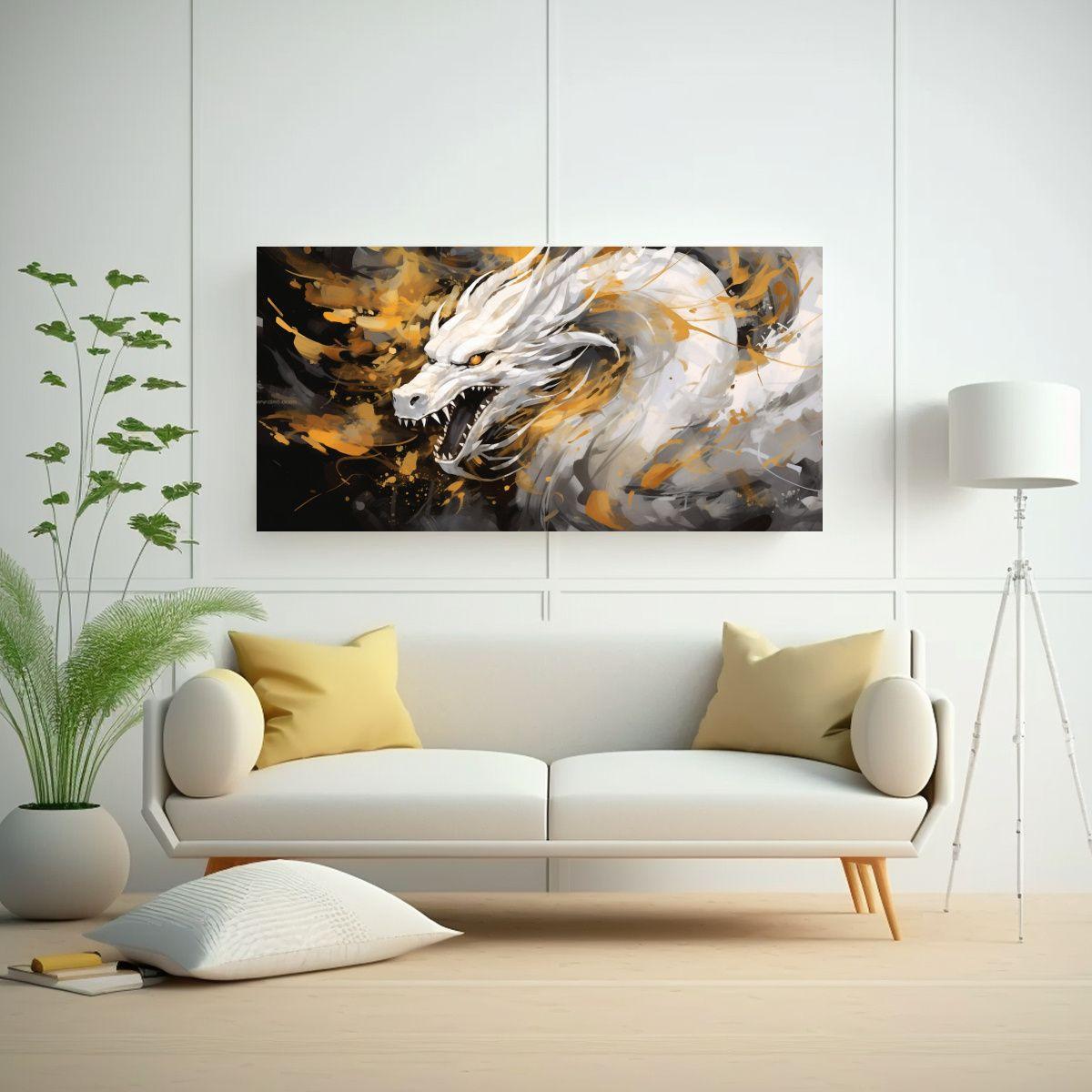 Cuadro Abstracto: Dragón En Blanco Y Oro, 60x30cm-2