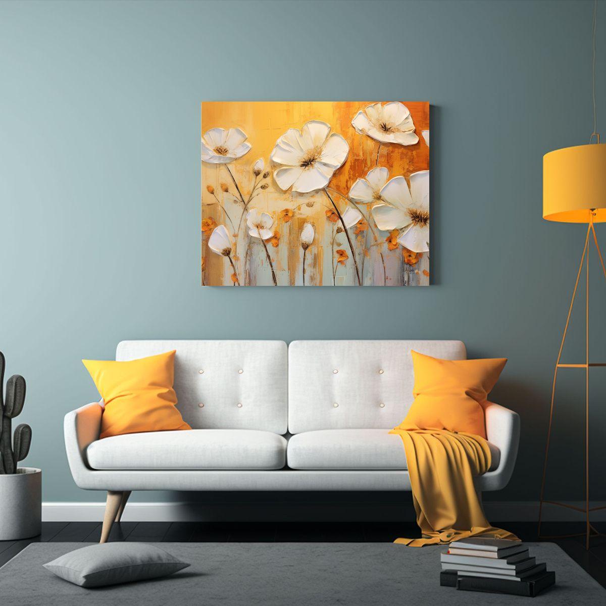Cuadro Moderno Elegante Flores En Naranja Y Dorado Sobre Lie 45x30cm-2