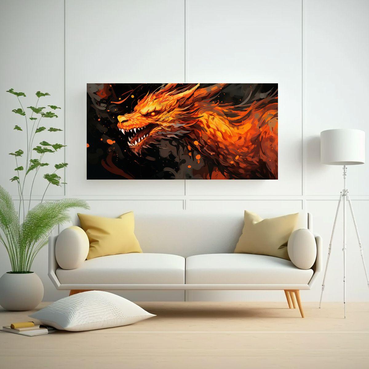 Pintura Decorativa Rectangular De Dragón En Tonos 60x30cm-2