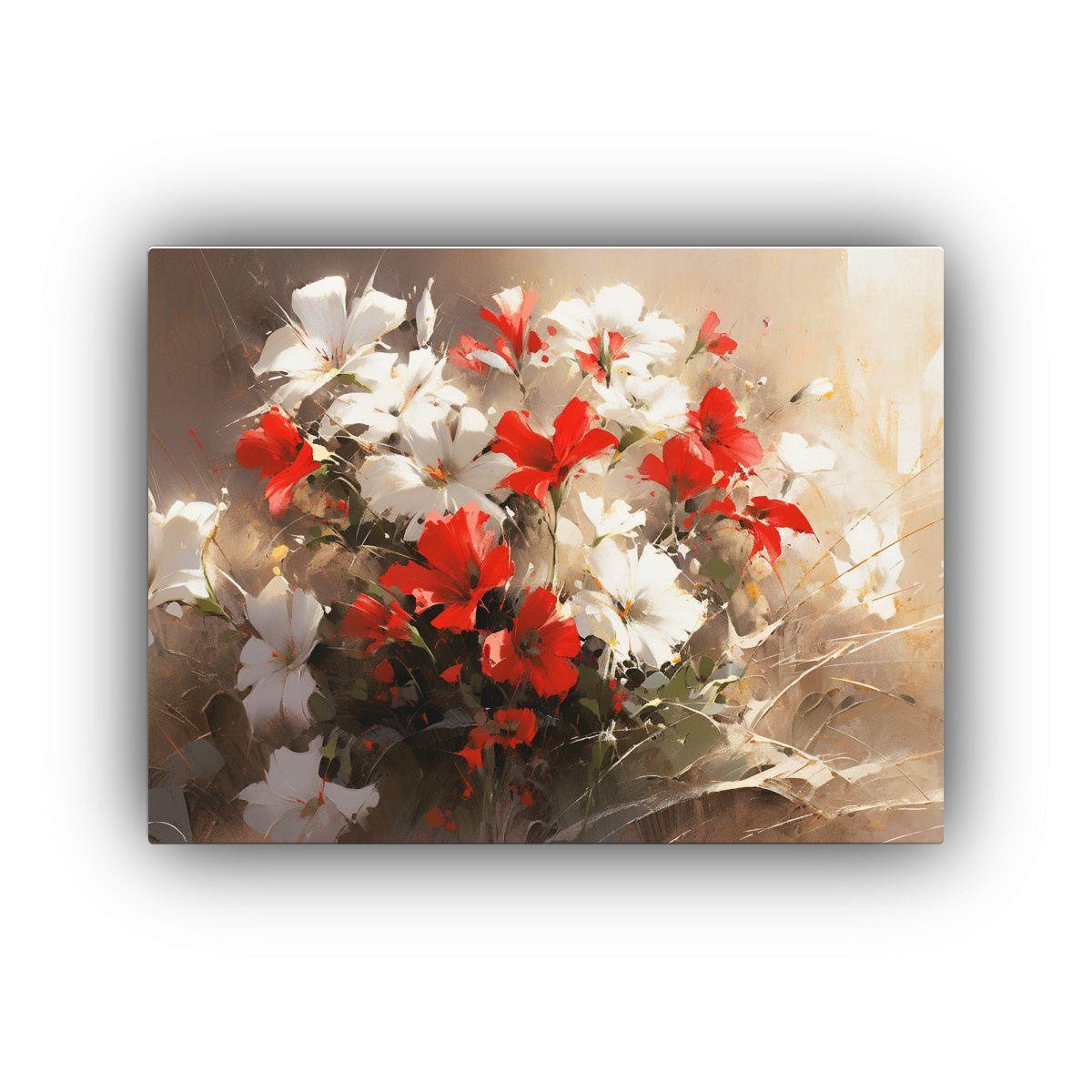 Cuadro Floral Blanco Y Rojo En Lienzo Para Decorar 45x30cm-0