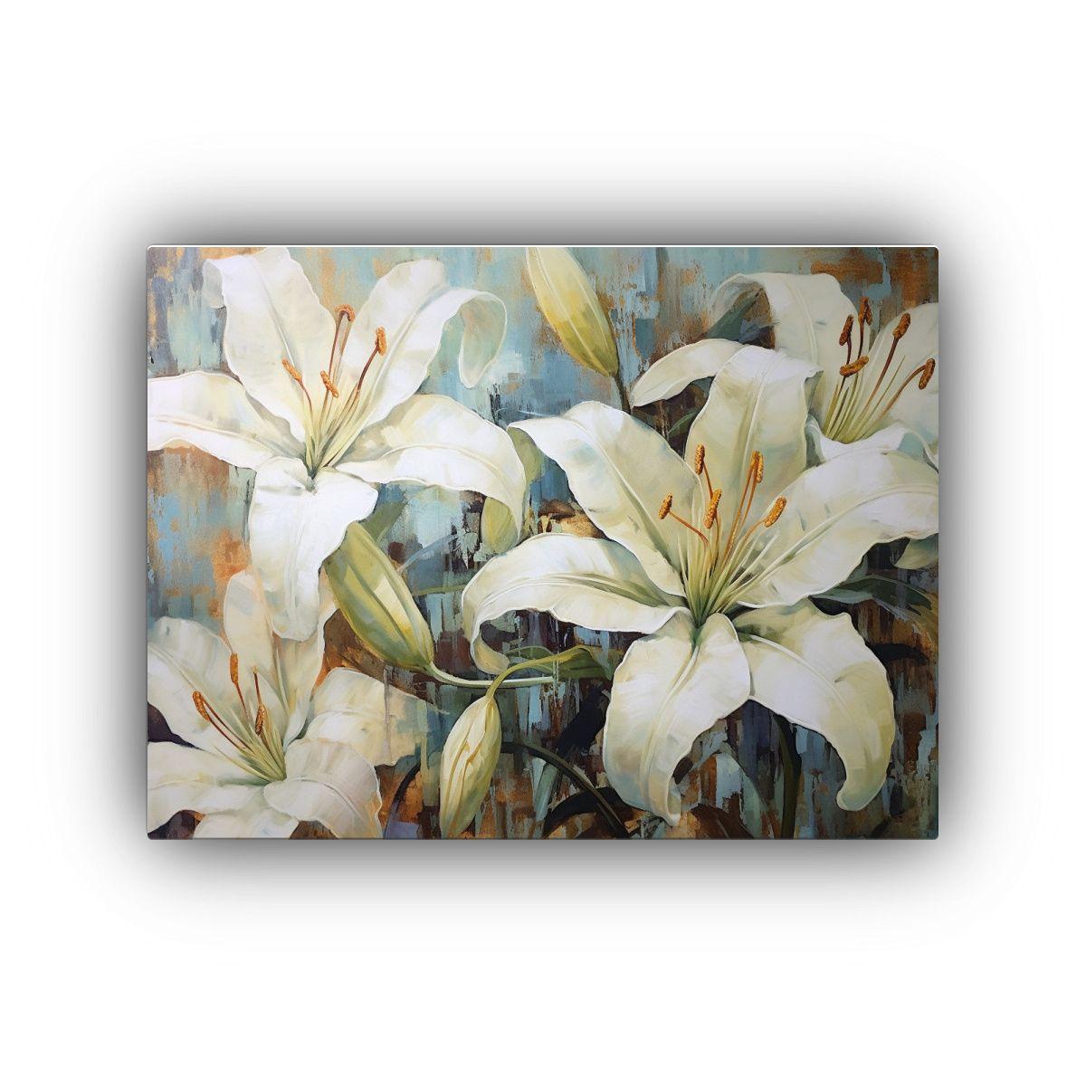 Arte De Pared Abstracto De Lirios Blancos En Verde 50x40cm-0