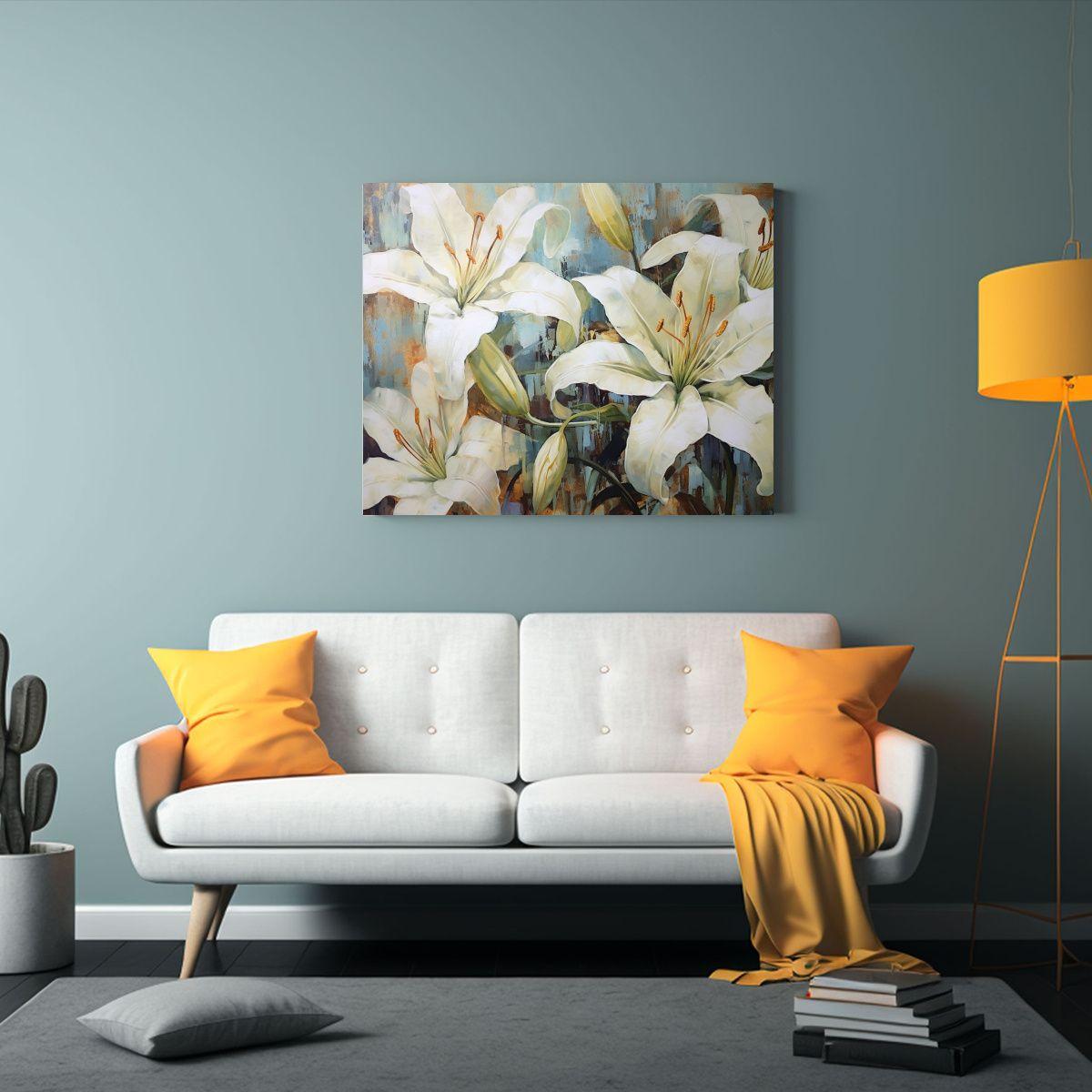 Arte De Pared Abstracto De Lirios Blancos En Verde 50x40cm-2
