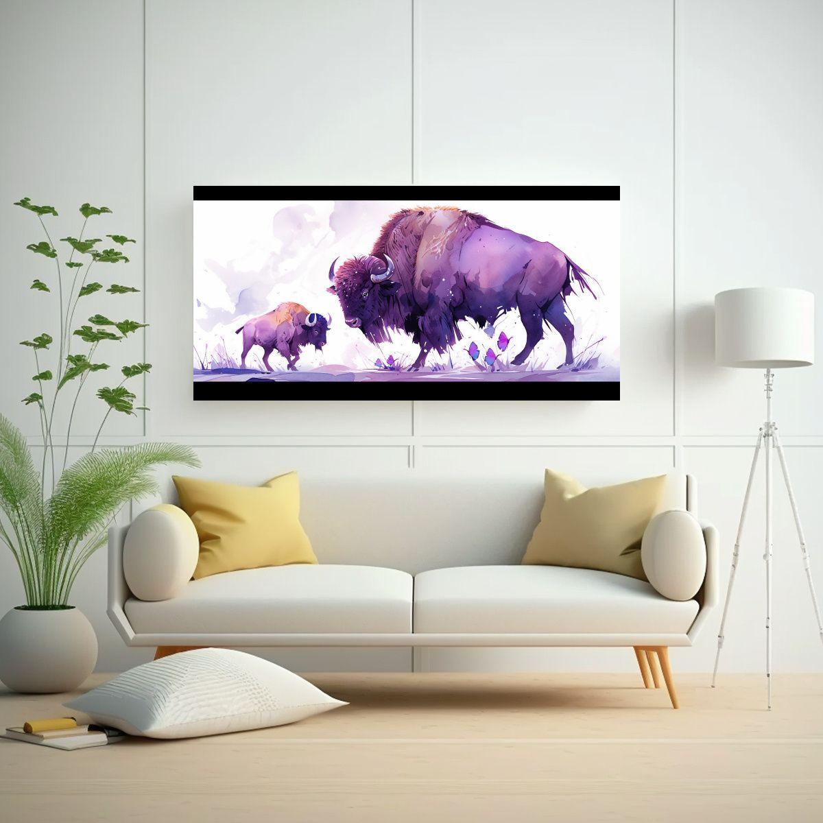 Pinturas En Acuarela Bison Y Buffalo En Tonos Púr 140x70cm-2