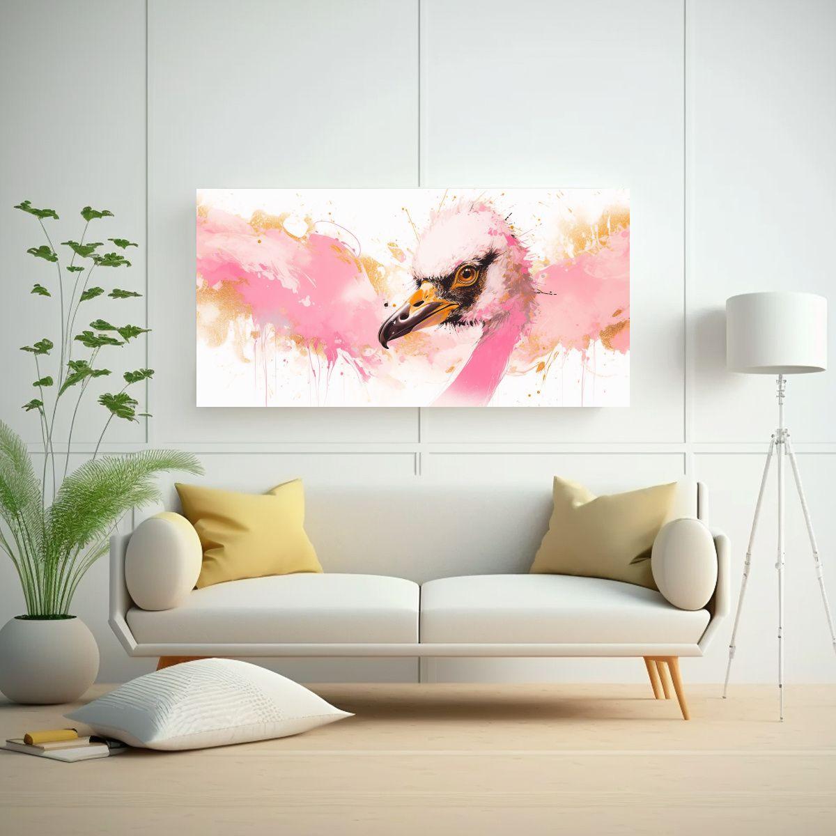 Lienzo Dibujo Fantástico Avestruz En Oro Y Rosa A 140x70cm-2