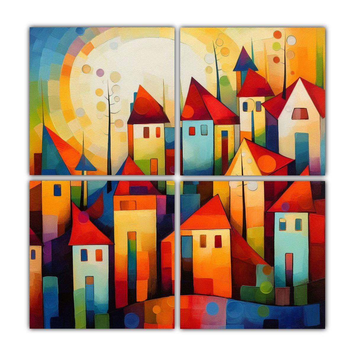 Cuadros Coloridos Paisaje Semi Abstracto Casas 100x100 Cm-0