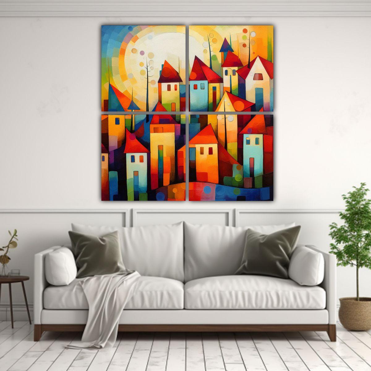 Cuadros Coloridos Paisaje Semi Abstracto Casas 100x100 Cm-2