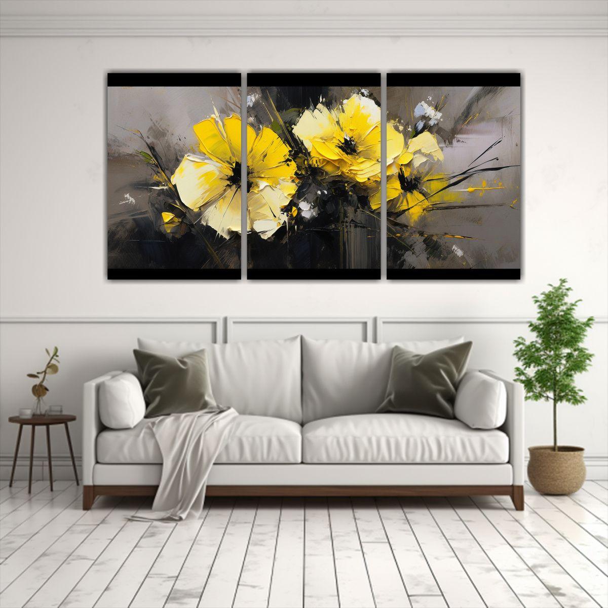 Cuadros Flores Amarillo Y Negro, Patrón Intenso 90x45 Cm-2