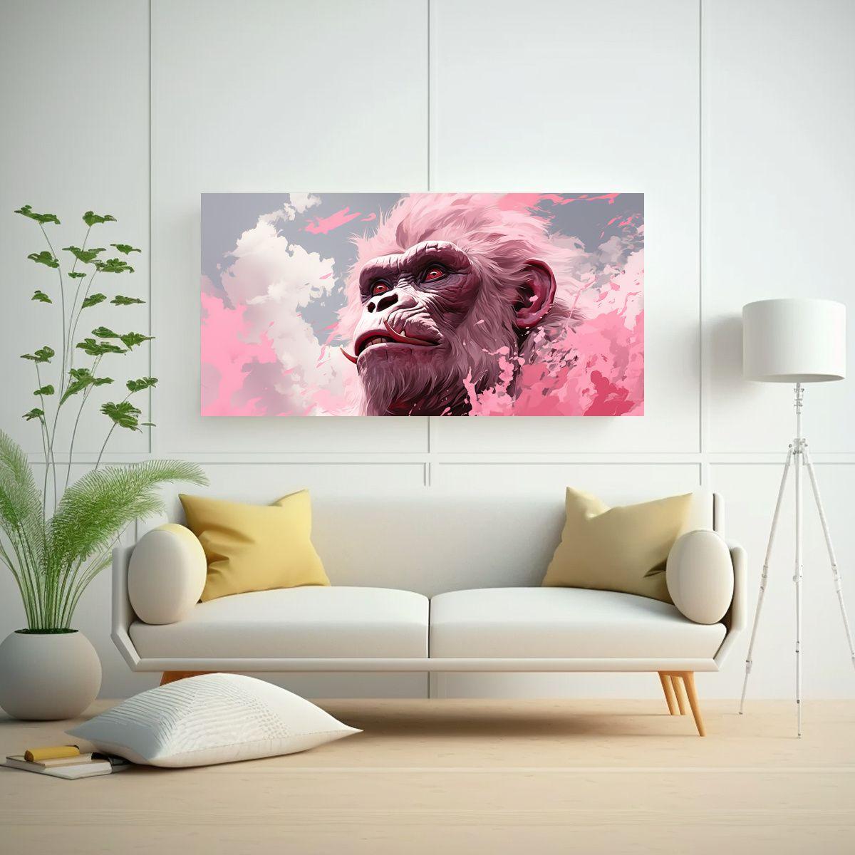 Pintura Decorativa De Gorilas En Crema Y Rosa 140x70cm-2