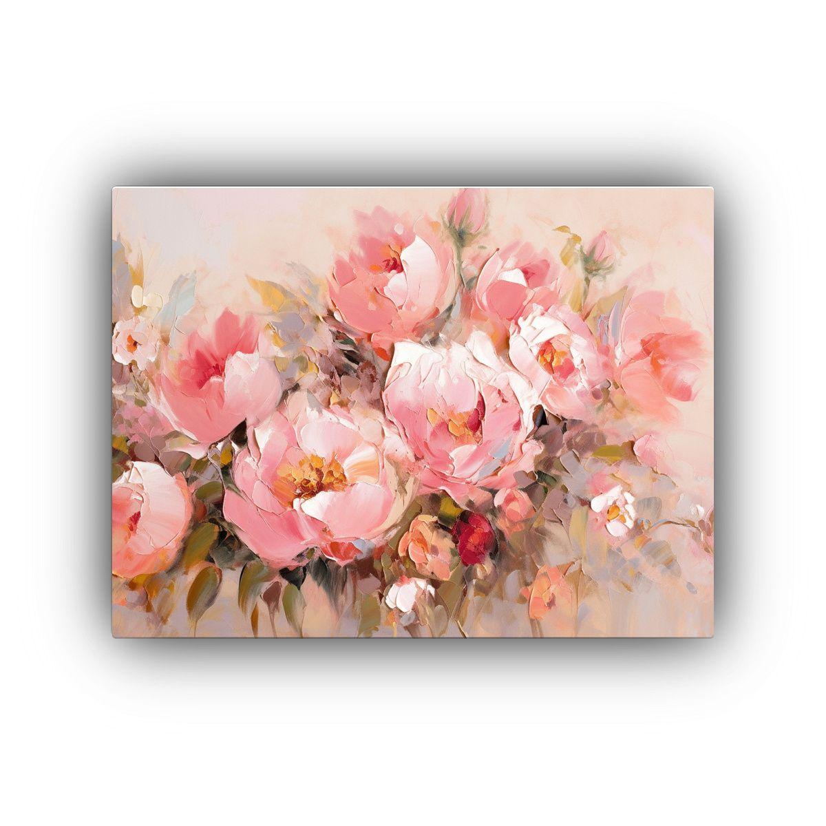 Pintura De Flores En Tonos Dorados Y Rosados Sobre Lienzo. 45x30cm-0