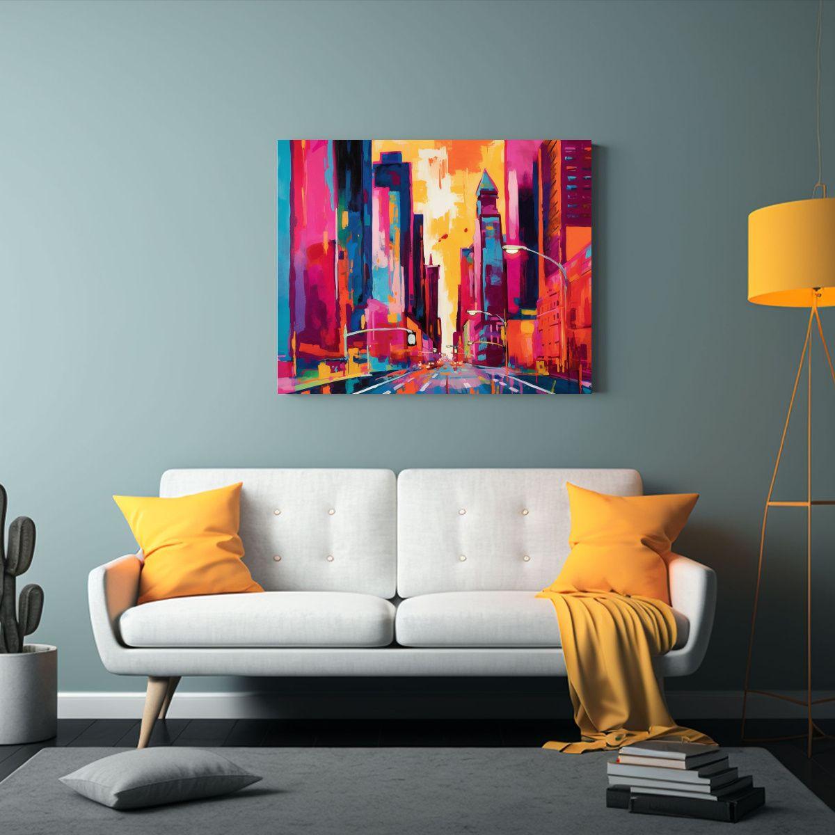Pintura Urbana Dinámica Al Amanecer Con Tonos Multicolores 90x60cm-2