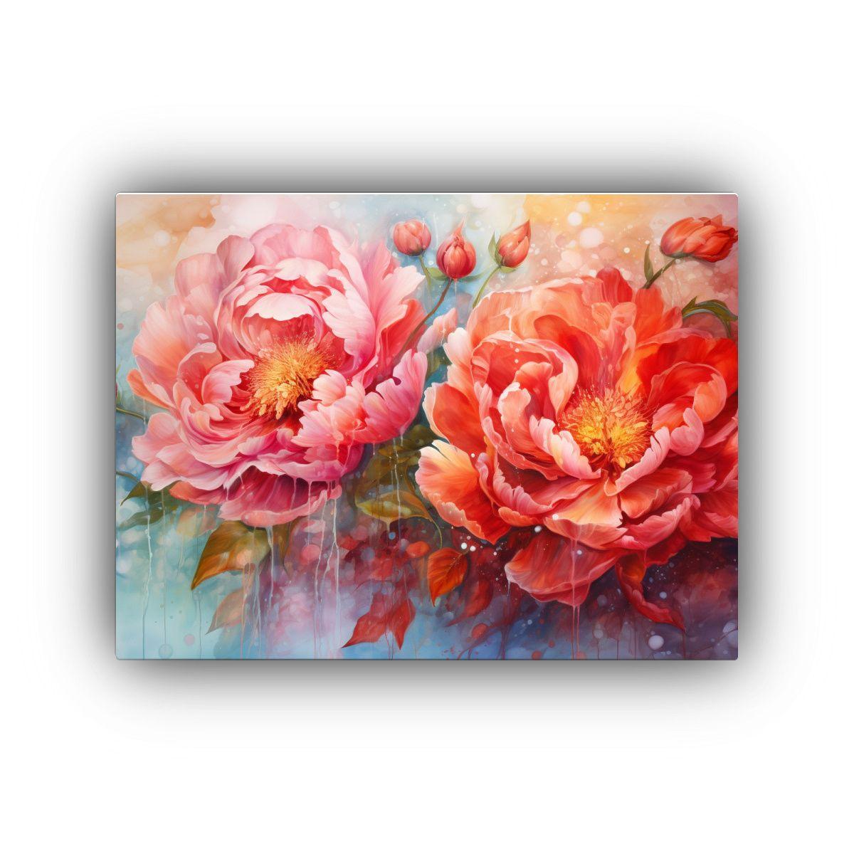 Pintura Abstracta De Peonías En Acuarela En Lienzo Rojo 75x50cm-0