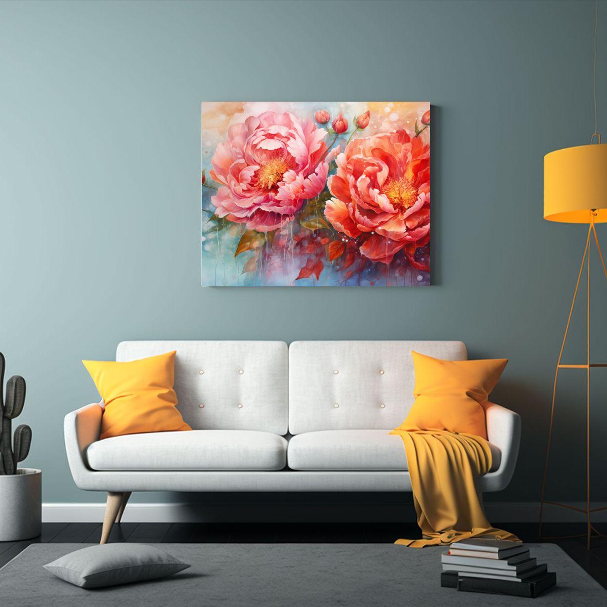 Pintura Abstracta De Peonías En Acuarela En Lienzo Rojo 75x50cm-2