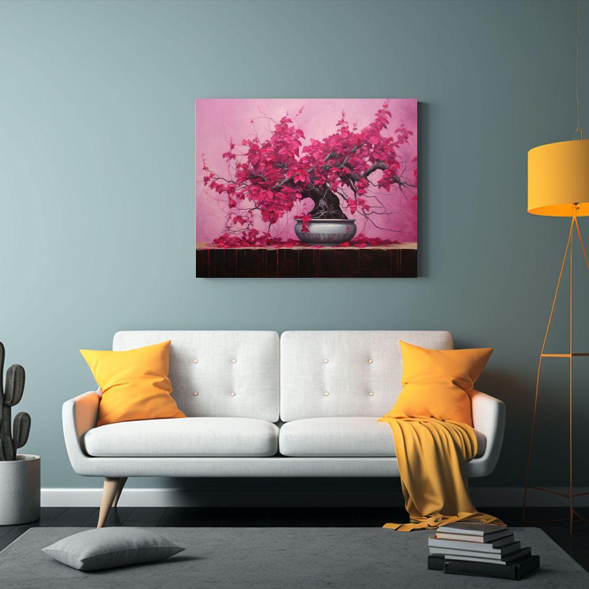 Cuadro Abstracto Detallado En óleo Con Bonsái Fucsia Decor 45x30cm-2