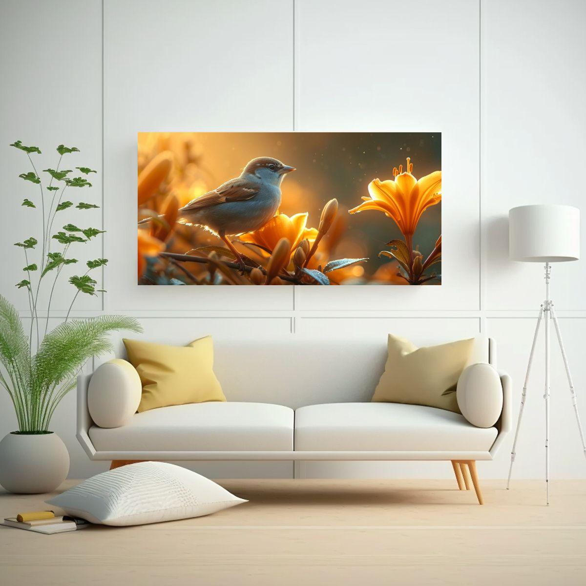 Cuadro De Lona Moderno: Gorrión Y Lirio Bajo Luz 100x50cm-2