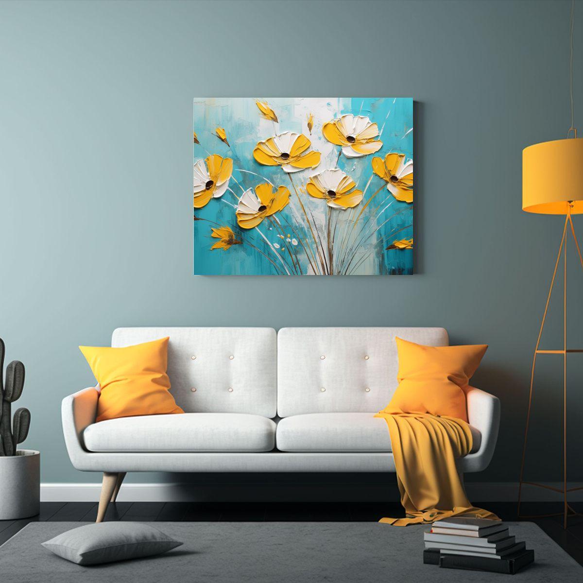 Cuadro Exclusivo De Flores En Amarillo Y Azul 90x60cm-2